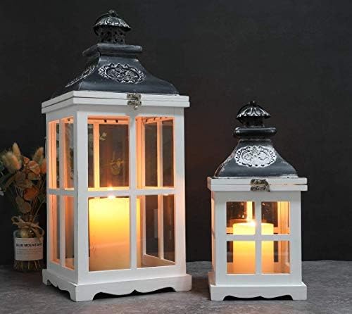 JHY DESIGN Set of 2 Large White Wood Decorative Candle Lanterns Metal Lanterns Candle Holders for Indoor Outdoor Garden Weddings Vintage Hanging Lantern(White Wood, Antique Grey Metal)