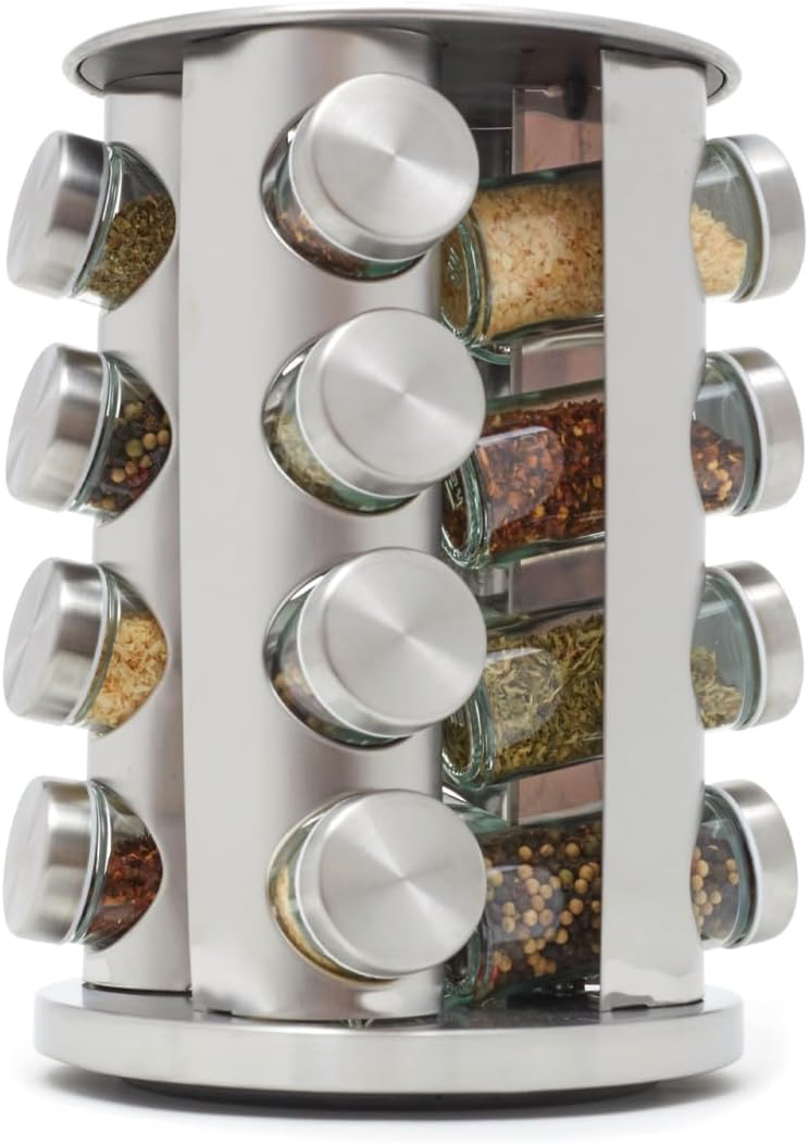 Home Basics Revolving 16 Jar Spice Rack | Carousel Rack With Brushed Silver Finish | Contemporary Rotating Organizer For Kitchen Store