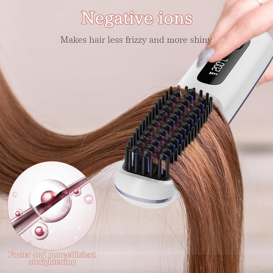 Cordless Hair Straightener Brush, Portable Anion Hair Straightener Brush for Women Lightweight Ceramic Coating Negative Ion Anti-Scald Hair Straightener for Women Travel Styling Hairstyler Salon