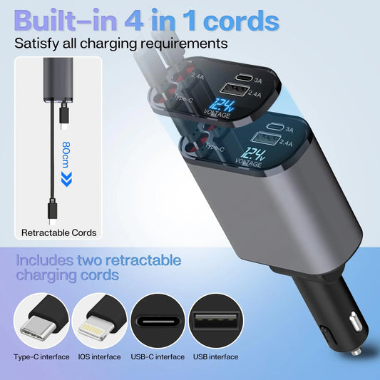 Retractable  4 in 1 Car Fast Charger